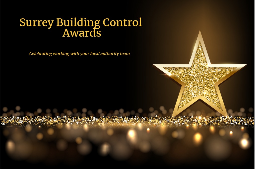Surrey Building Control Awards gold star on black bokeh background